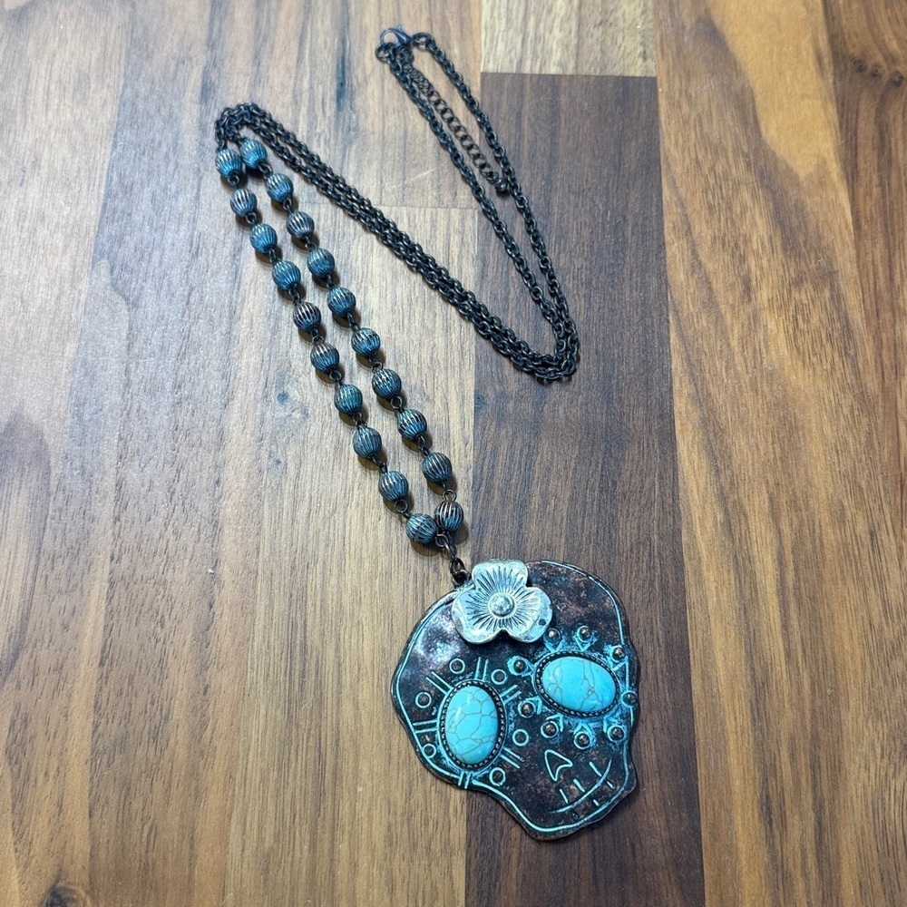 Gothic Skull Necklace Large Skull Pendant with Turquoise Colored Bead Accents